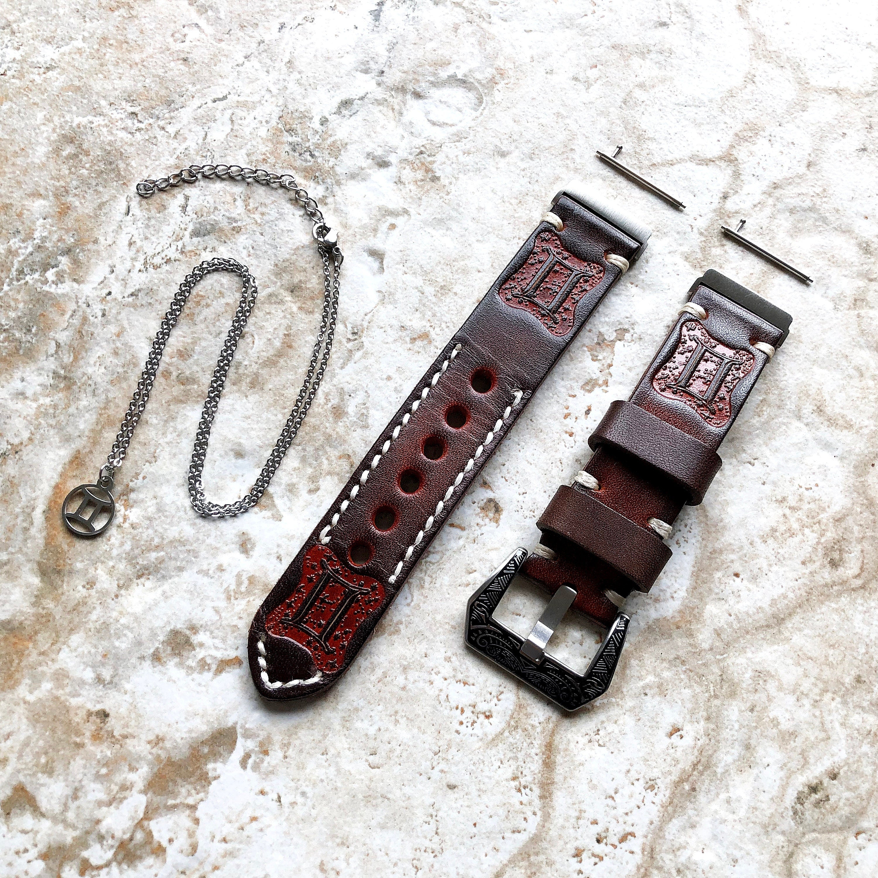 Fitbit Versa 2 3 4 Sense 2 Gemini Zodiac Set Band Strap Brown Tooled Embossed Leather in Silver Rose Gold Black and 25" Pendants Necklace
